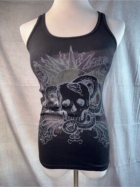 1698-L.O.L Black Skull Graphic Ribbed Tank Top